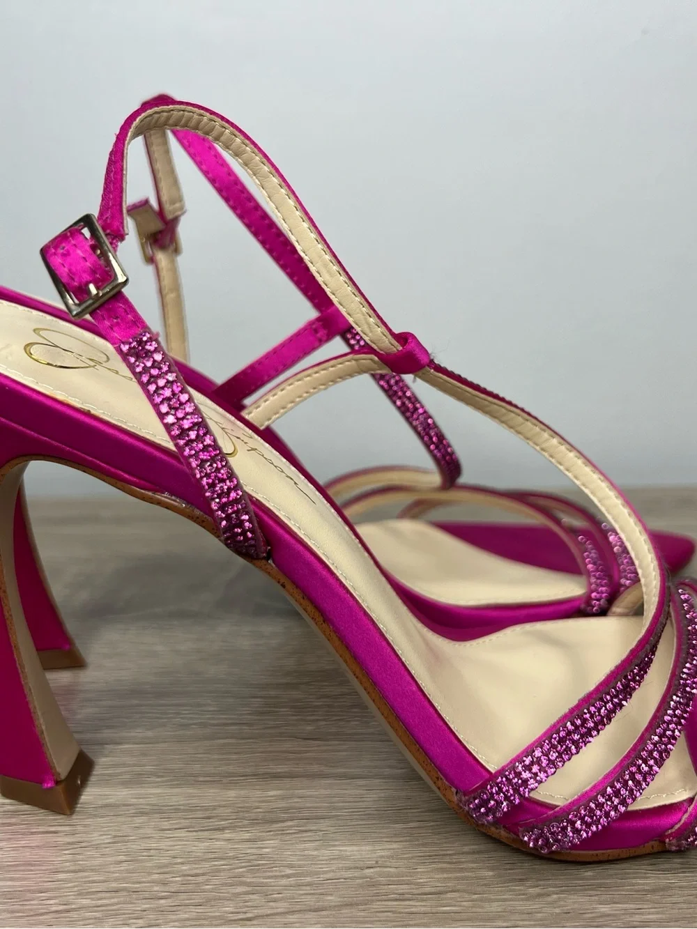 Jessica Simpson Pink Satin Rhinestone Strappy Heels Sz 10 Slingback Sandals 4.5”